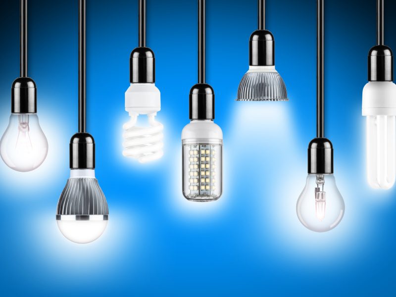 row of different types of glowing light bulbs